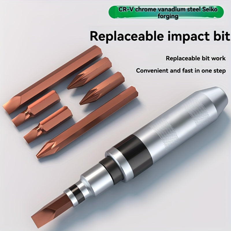 1 Set Army Green Impact Screwdriver, Metal Manual Driver with Replaceable Bit, Tapping Screwdriver Set for Stubborn Screws, Rusty Fasteners, Automotive Grade, No Assembly Required, Uncharged