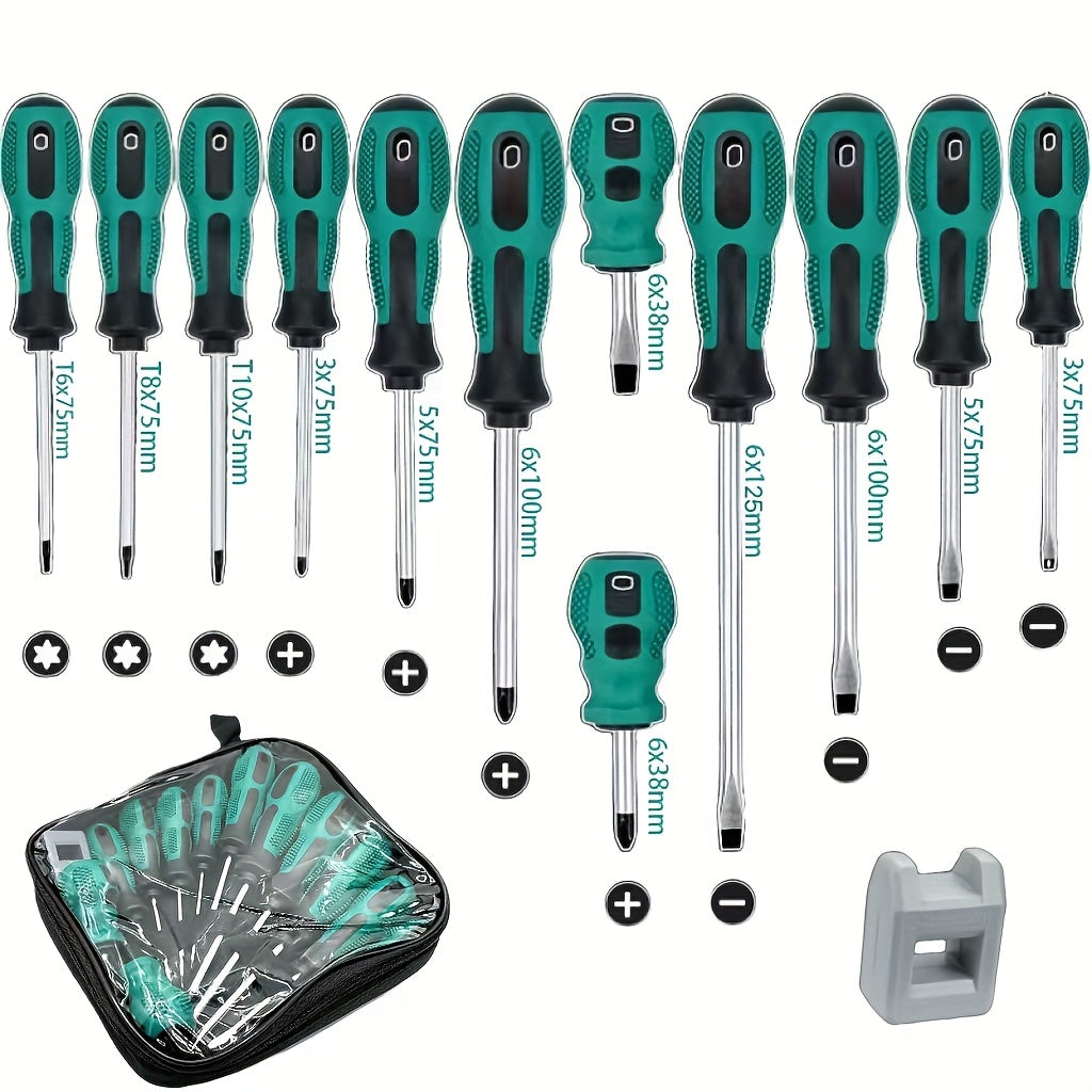 12pcs Magnetic Screwdriver Set, Chrome Vanadium Steel, Multi-Purpose with Phillips, Flat & Torx Heads, Non-Slip Rubber Handle, Portable Tool Case, Universal Repair Hand Tool Kit