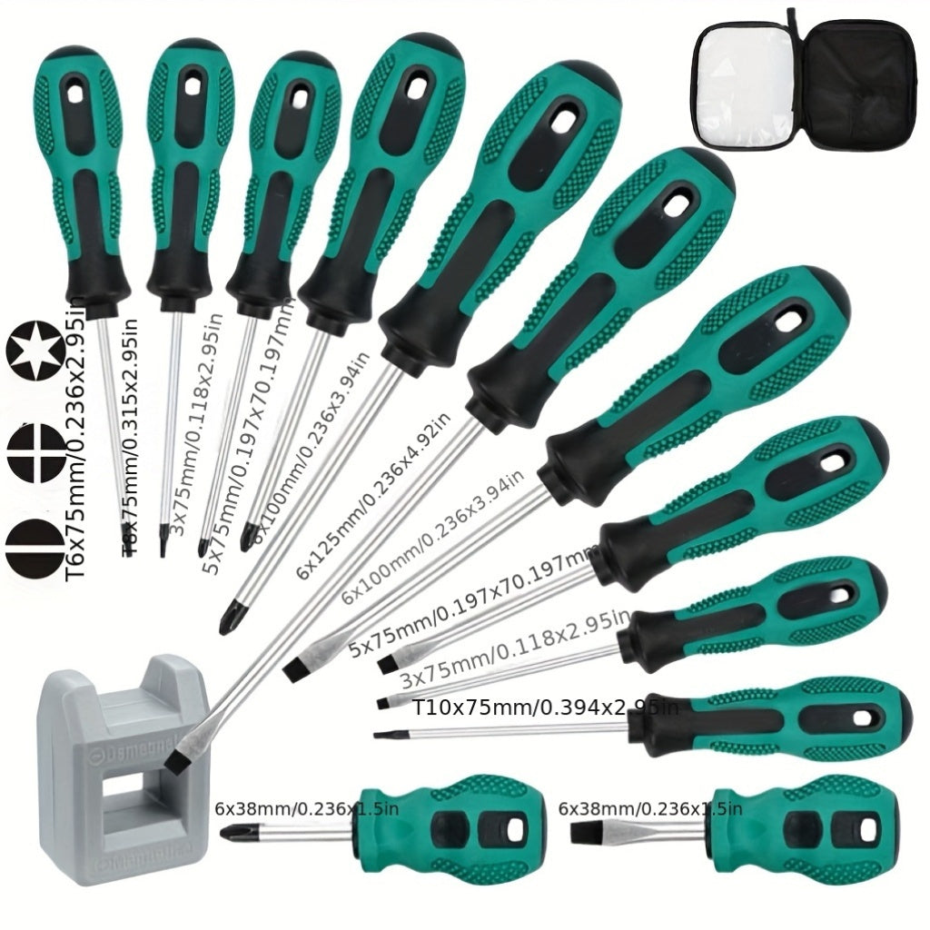12pcs Magnetic Screwdriver Set, Chrome Vanadium Steel, Multi-Purpose with Phillips, Flat & Torx Heads, Non-Slip Rubber Handle, Portable Tool Case, Universal Repair Hand Tool Kit